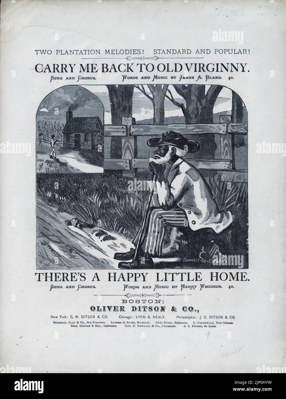 Carry Me Back to Old Virginy, Words and Music von James A. Bland, and There's A Happy Little Home, Words and Music von Harry Woodson, Two Plantation Melodies, Published by Oliver Ditson and Company (1878) Cover-Illustration für Noten von Connelly Co Stockfoto