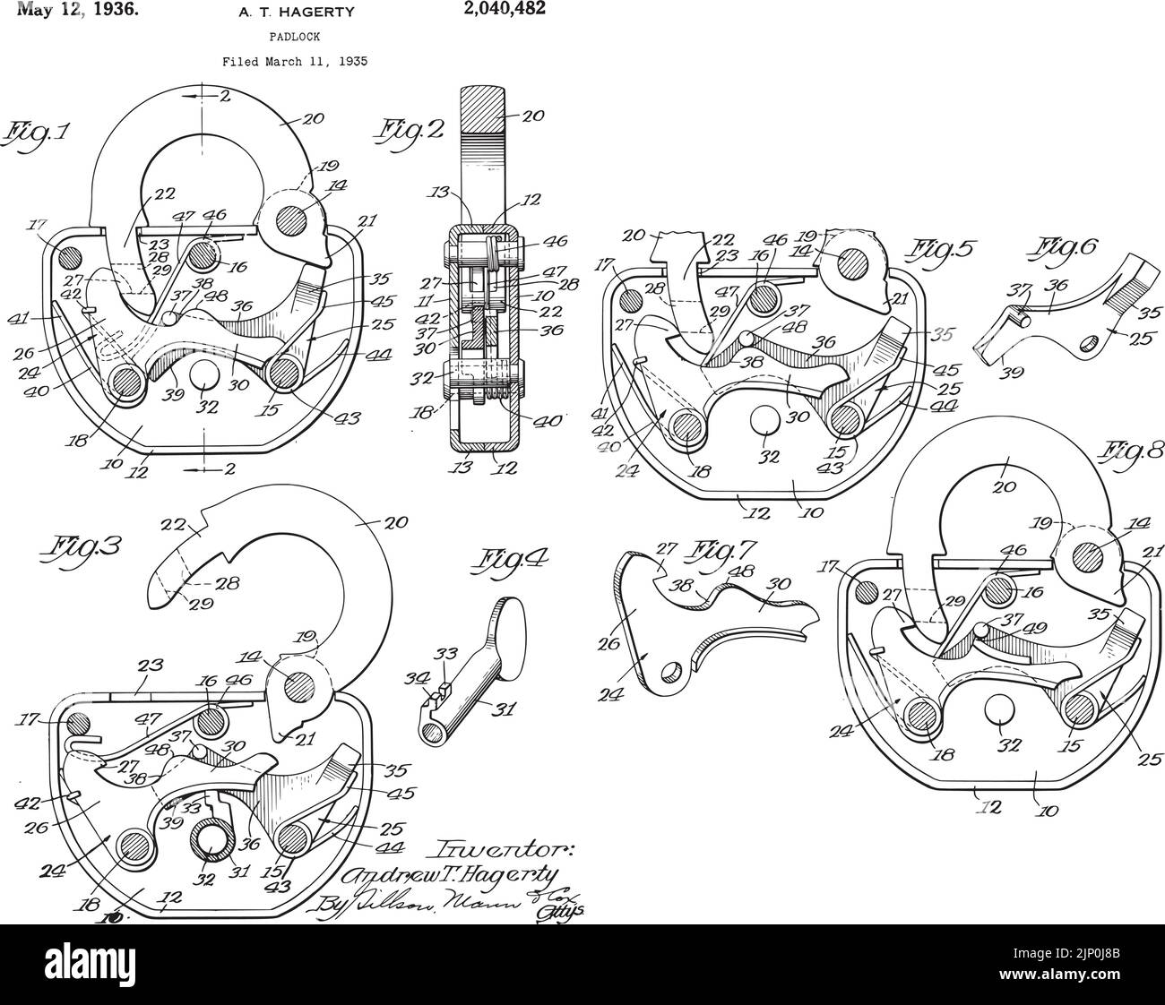 1935 Vintage Padlock Patent Art Stock Vektor