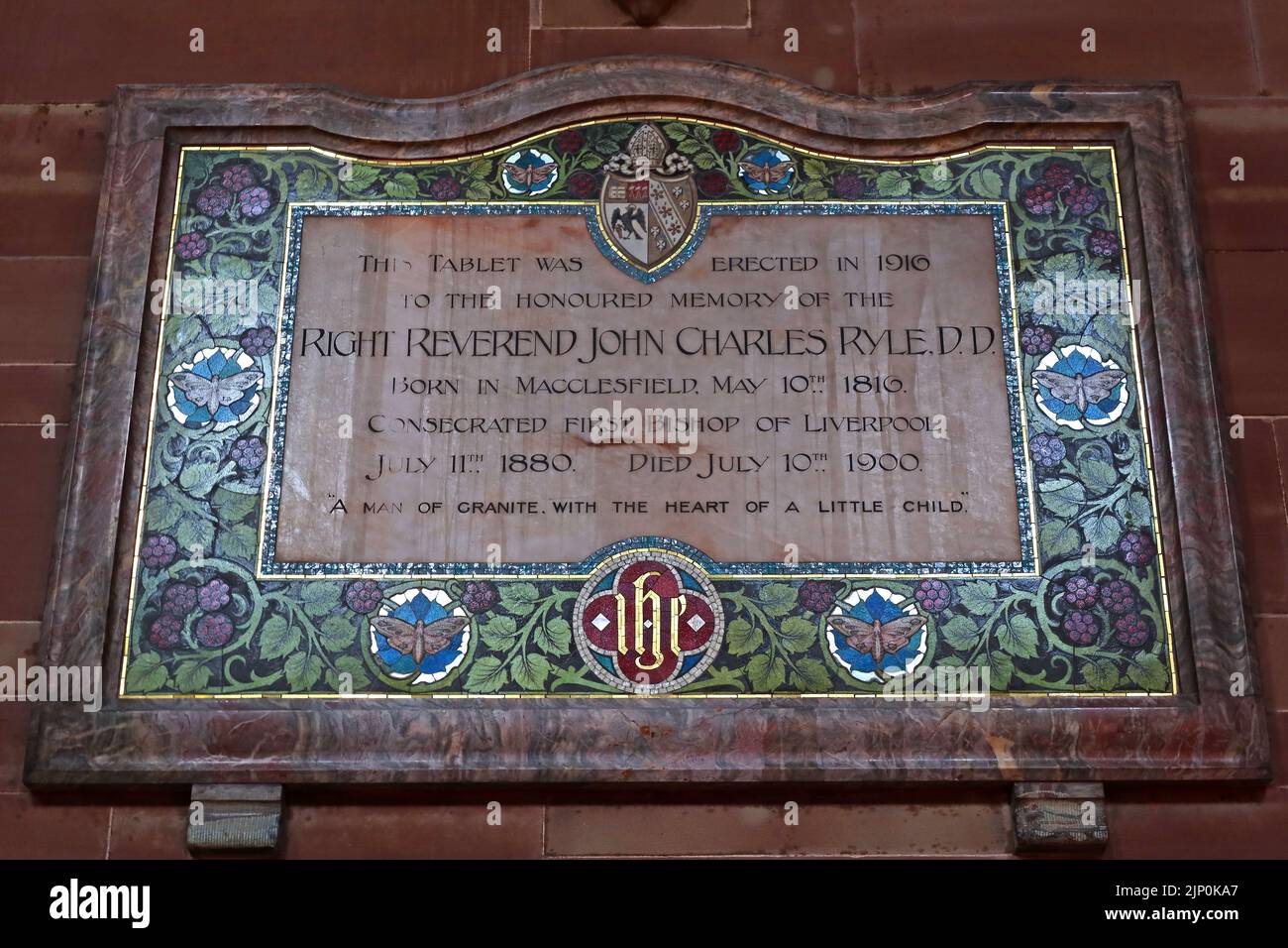 Tafel-Gedenkstätte für den rechten Reverend John Charles Ryle, DD, 1. Bischof von Liverpool, geboren in Macclesfield, SK10 1DY Stockfoto