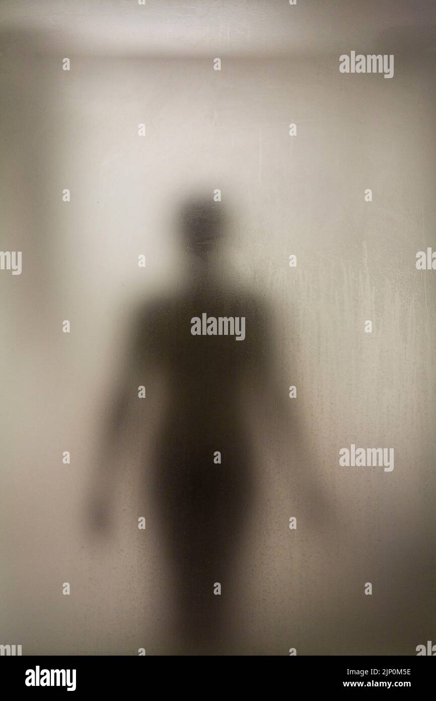 Silhouette einer Frau, die hinter der Glastür einer Duschkabine in einem Hotelzimmer posiert, Lissabon, Portugal. Stockfoto