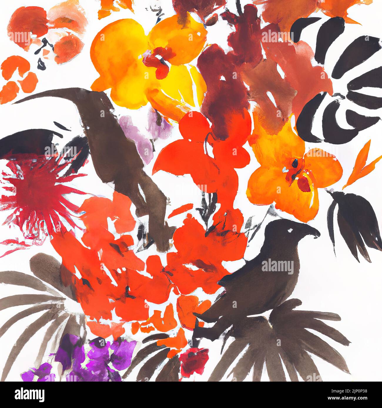 Ein farbenfrohes Blumengemälde mit schwarzen Akzenten Stockfoto