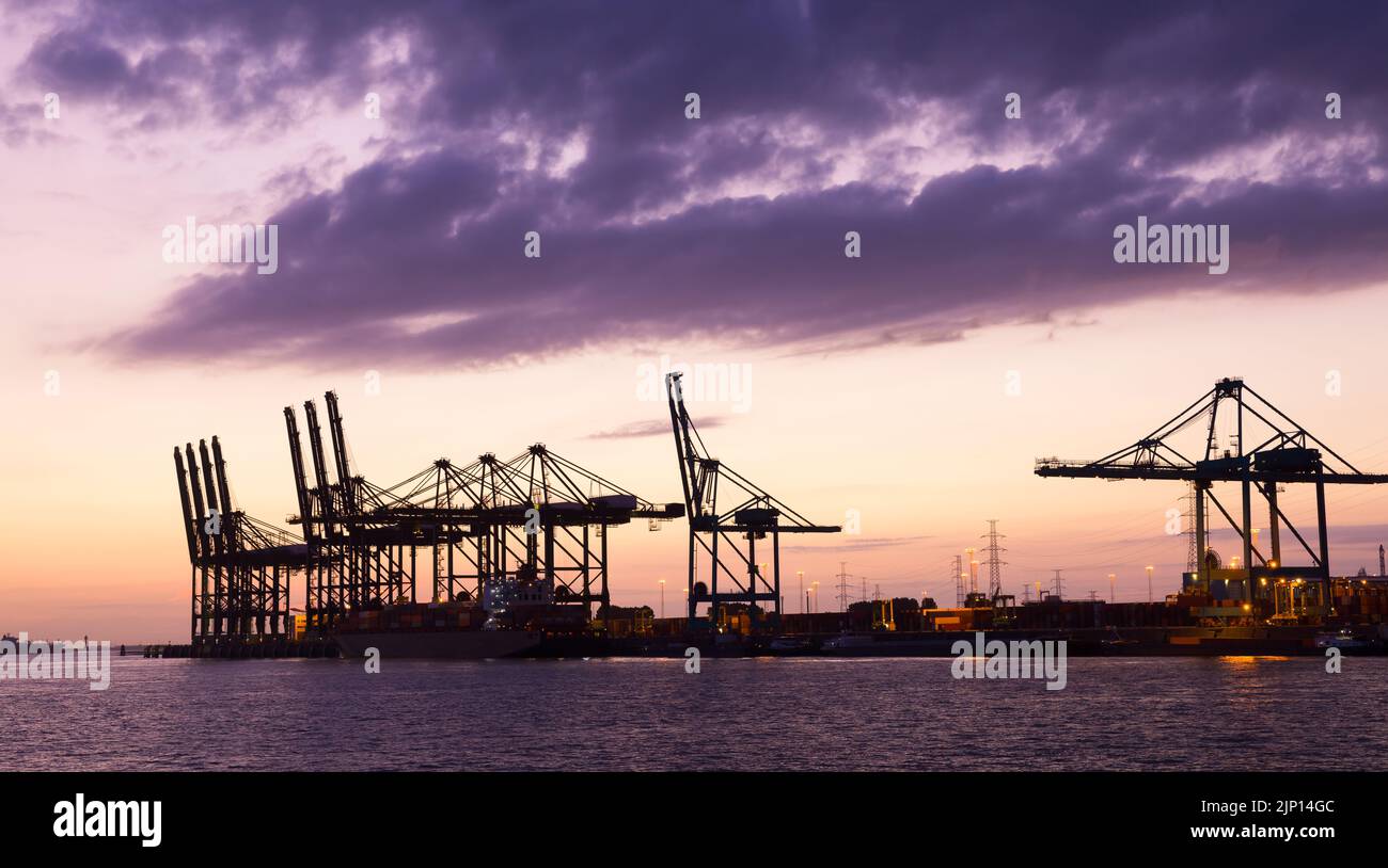 Der geschäftige Hafen von Antwerpen zeigt eine Skyline von Kräne und Containerschiffen bei Sonnenuntergang Stockfoto