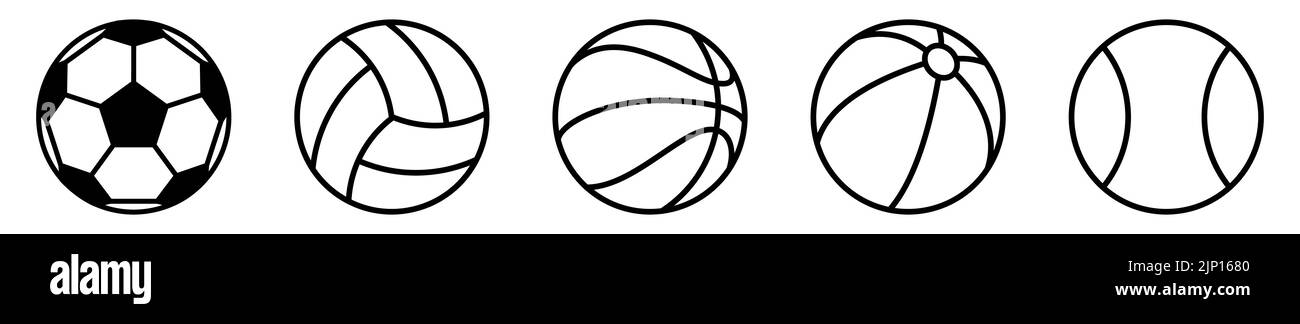 Lineare Symbole für Kugeln. Satz verschiedener Ball-Symbole. Sportsymbole. Schwarze Vektorgrafik. Stock Vektor