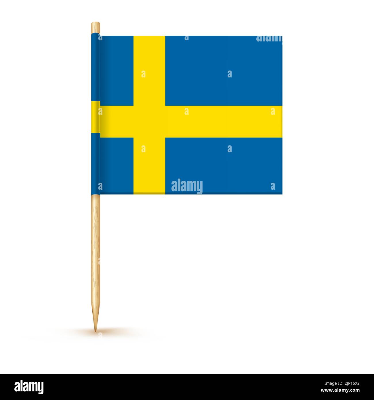 Schwedische Zahnstocherflagge isoliert auf Holzstäbchen mit weißem Papier. Realistische kleine Zahnstocher für das Mittagessen. Vektor-Cocktail-Dekoration Stock Vektor
