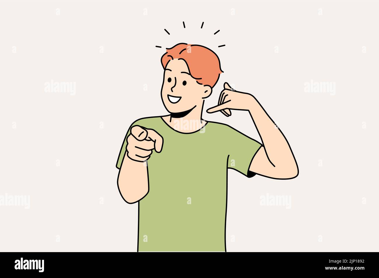Lächelnder Typ macht eine Handbewegung und bittet um einen Rückruf. Glücklicher Mann demonstriert Rückrufzeichen. Nonverbale Kommunikation. Vektorgrafik. Stock Vektor