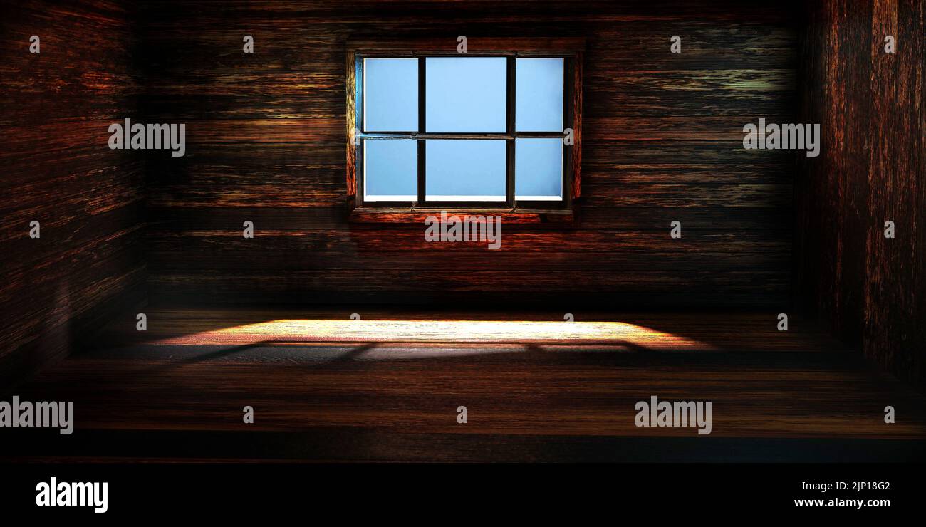 Leeres, verlassene, gespenstisch gehautes Zimmer mit Holzfußboden und Wand mit Fenster und Sonnenstrahlen. Halloween-Horror-Hintergrund mit Kopieplatz. Stockfoto