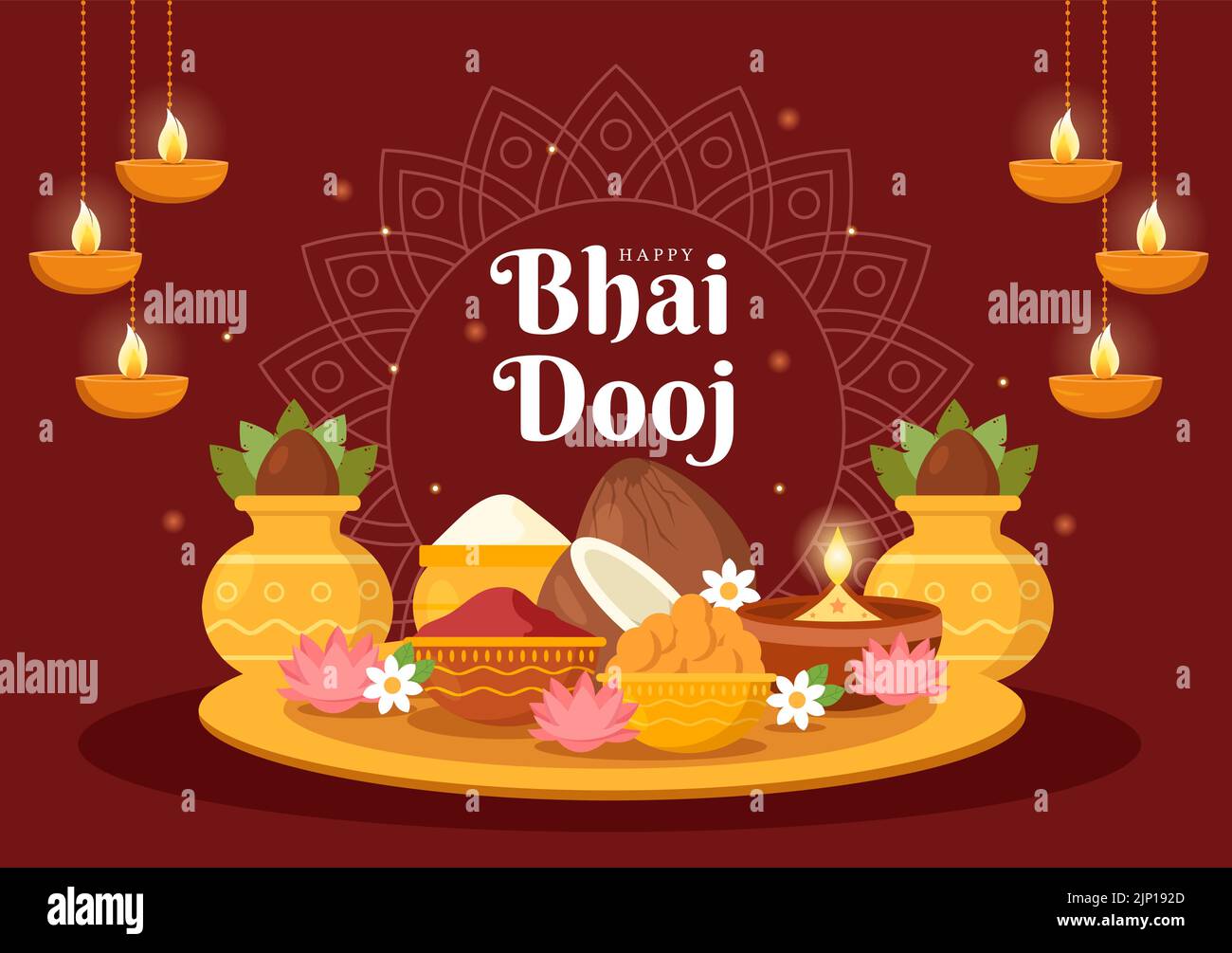 Happy Bhai Dooj Indian Festival-Feier Handgezeichnete Cartoon-Illustration der Schwestern Beten Sie für den Schutz der Brüder mit einem Punkt auf der Stirn Stock Vektor