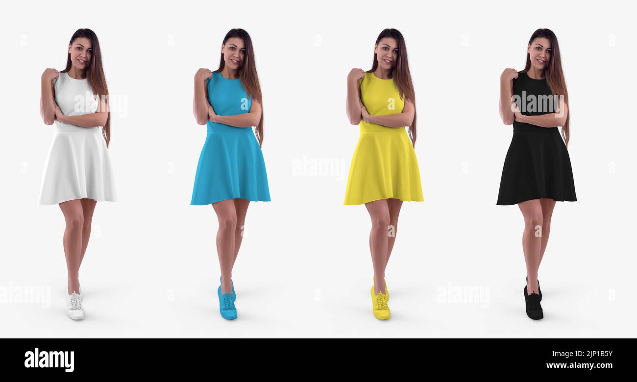 Mockup von Sommerkleid Welle auf schöne posierte Mädchen in Mokassins, weiß, schwarz, blau, gelb sundress isoliert auf dem Hintergrund, vorne. Modische Kleidung Stockfoto
