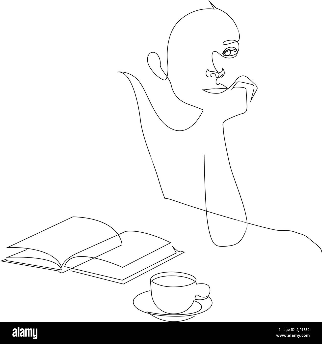 Kontinuierliche einzeilige Zeichnung einer Frau, die im Café mit Buch und Kaffeetasse sitzt. Vektorgrafik Stock Vektor