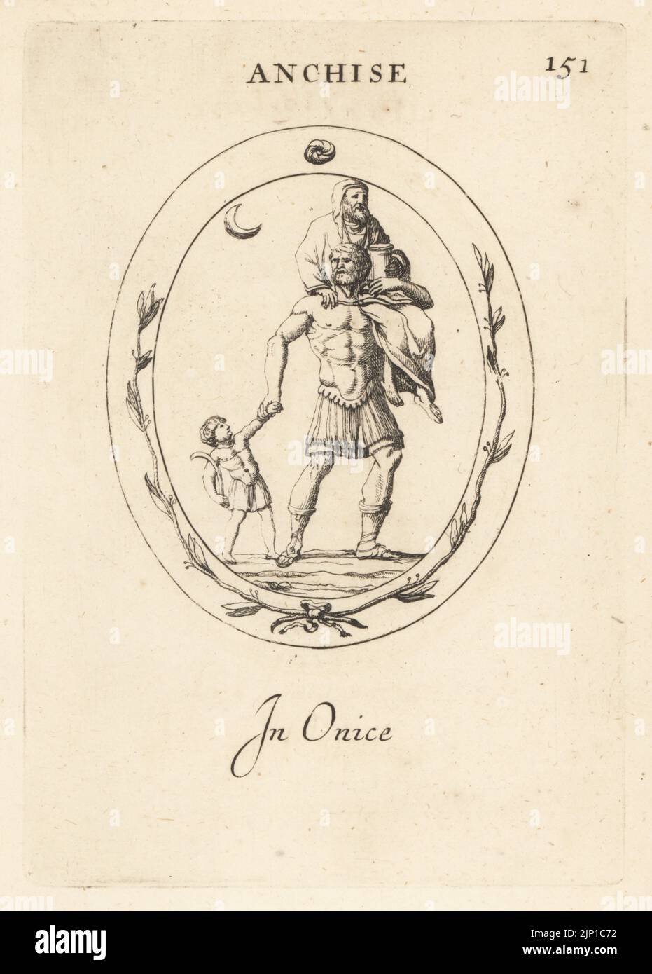 Aeneas trägt seinen Vater Anchises aus Troy. Anchises trägt einen Schleier und trägt die Lares oder Hausgötter. Aeneas hält die Hand seines Sohnes Ascanius. In Onyx. Anchise. In einem. Kupferstich von Giovanni Battista Galestruzzi nach Leonardo Agostini aus Gemmae et Sculpturae Antiquae Depicti ab Leonardo Augustino Senesi, Abraham Blooteling, Amsterdam, 1685. Stockfoto