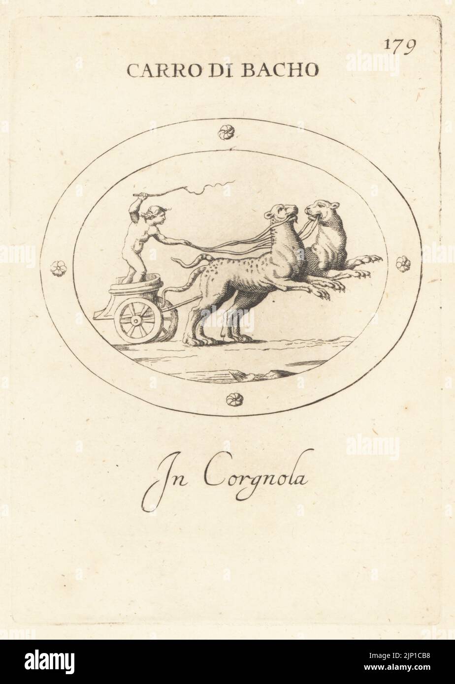 Amor, römischer gott der Liebe, der einen Wagen von Bacchus, gott des Weines, fährt. Der Biga-Wagen wird von zwei Leoparden gezogen. In Karneol. Carro di Bacho. In Corgnola. Kupferstich von Giovanni Battista Galestruzzi nach Leonardo Agostini aus Gemmae et Sculpturae Antiquae Depicti ab Leonardo Augustino Senesi, Abraham Blooteling, Amsterdam, 1685. Stockfoto
