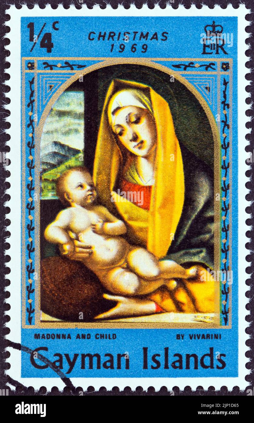 CAYMAN-INSELN - UM 1969: Eine auf den Cayman-Inseln gedruckte Marke aus der Weihnachts-Ausgabe zeigt Madonna und Kind von Vivarini, um 1969. Stockfoto