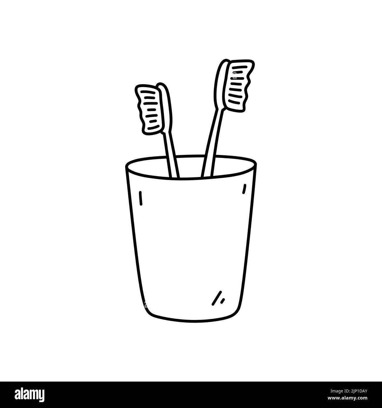 Zahnbürsten in einer Tasse isoliert auf weißem Hintergrund. Mundhygiene. Vektor-handgezeichnete Illustration im Doodle-Stil. Perfekt für Dekorationen, Logo, verschiedene Designs. Stock Vektor