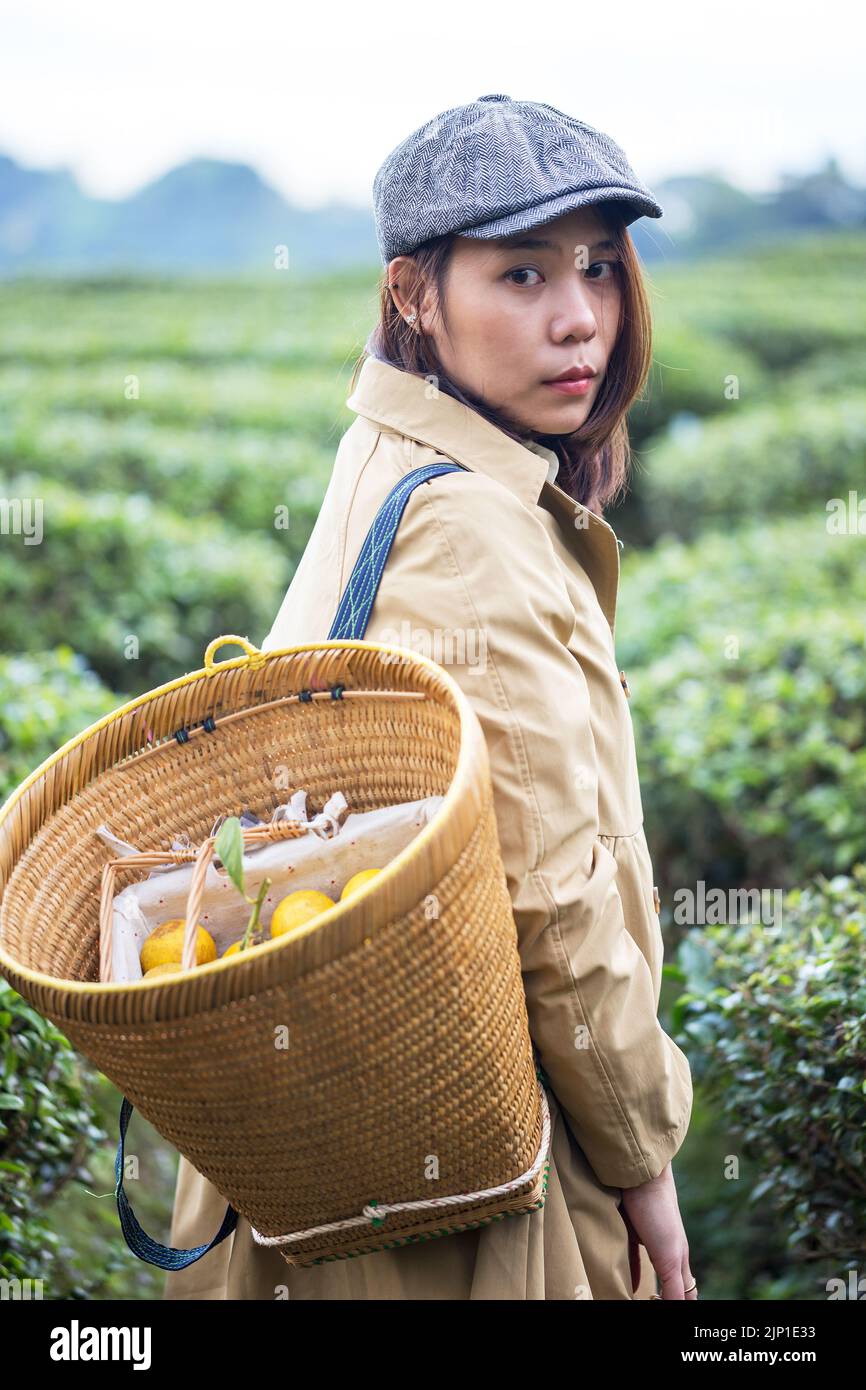 Asiatische Frau arbeiten und reisen in Zitronenfarm mit Bauernmode und Accessoires Stockfoto