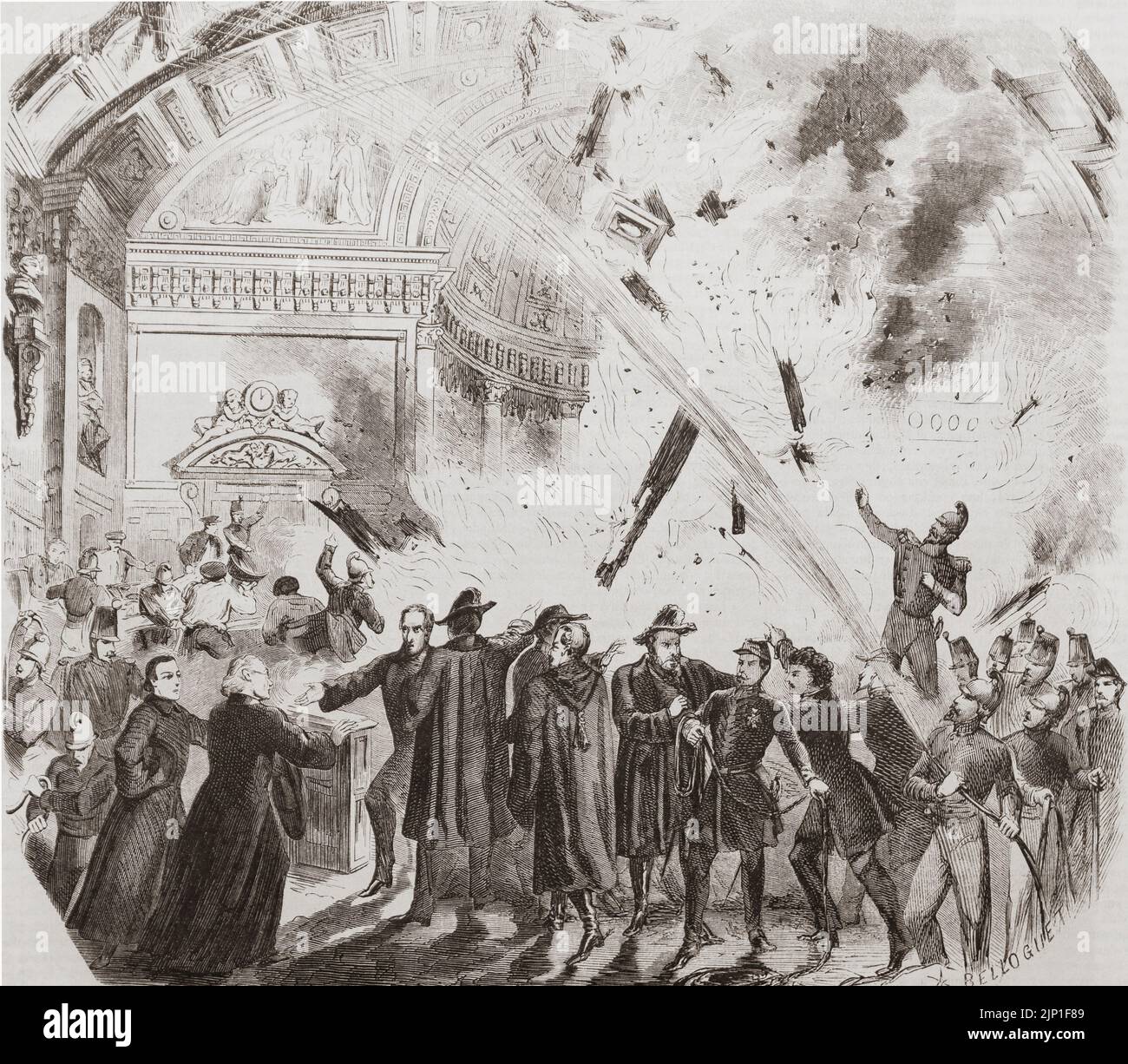 Feuer zerstört Sitzungssaal im französischen Senat, Palais du Luxembourg, Paris, Frankreich, 27-28. Oktober, 1859. Aus L'Univers Illustre, Paris, 1859 Stockfoto