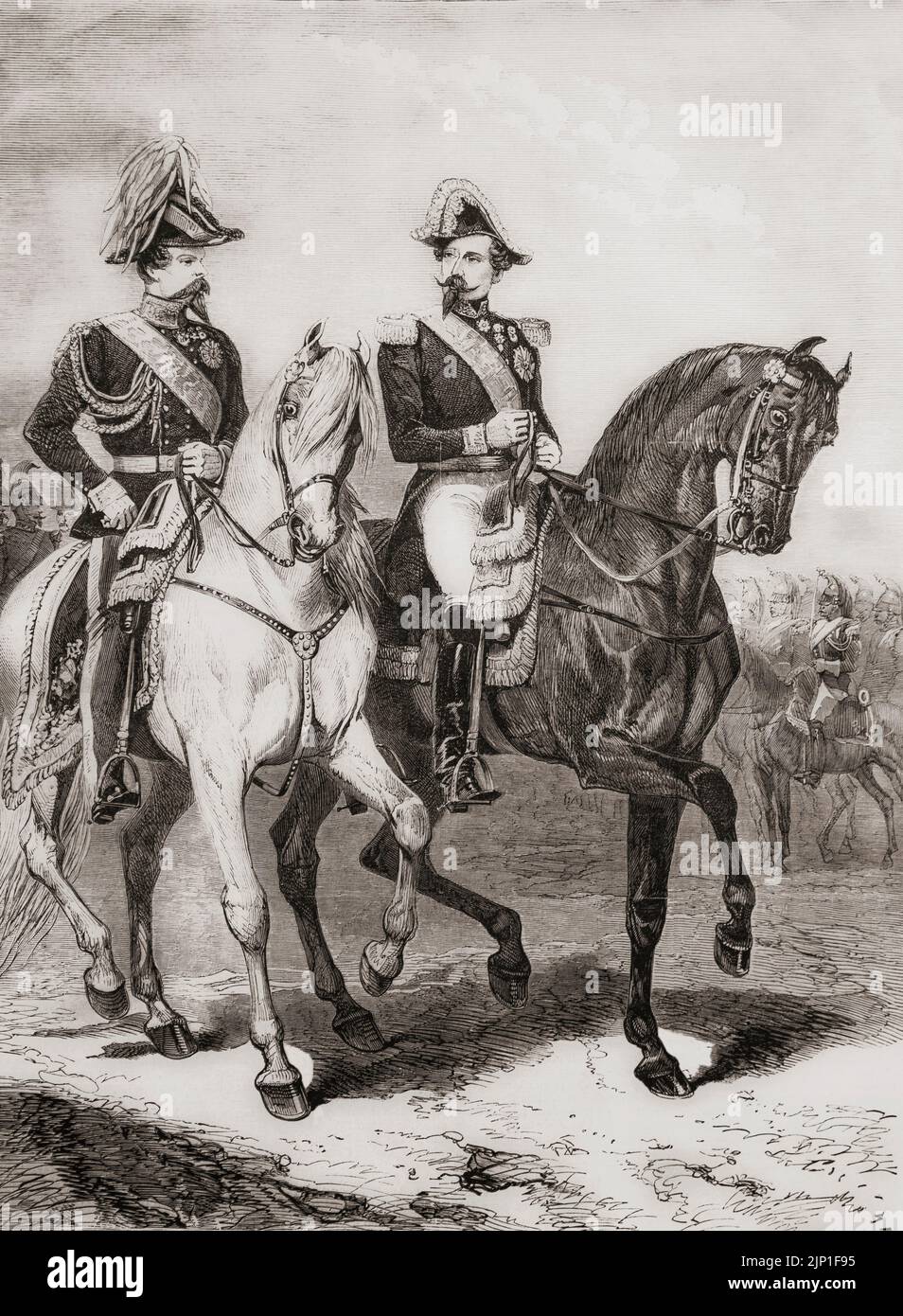 Victor Emmanuel II., 1820 – 1878. König von Sardinien, 1849 - 1861, als er den Titel des Königs von Italien übernahm. Napoleon III., 1808–1873. Erster Präsident von Frankreich (als Louis-Napoléon Bonaparte) 1848 - 1852 und letzter Monarch von Frankreich als Kaiser der Franzosen, 1852 - 1870. Aus L'Univers Illustre, Paris, 1859 Stockfoto