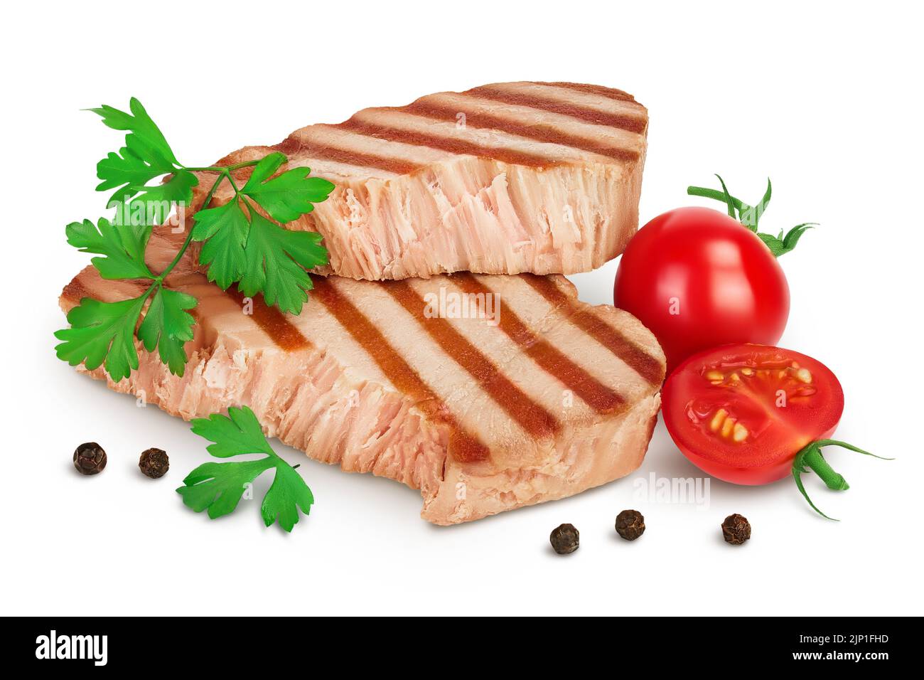 Thunfischsteak, isoliert auf weißem Hintergrund mit voller Schärfentiefe gegrillt, Stockfoto