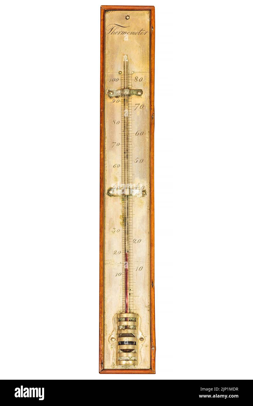 Vintage-Thermometer mit Holzgehäuse isoliert auf weißem Hintergrund Stockfoto