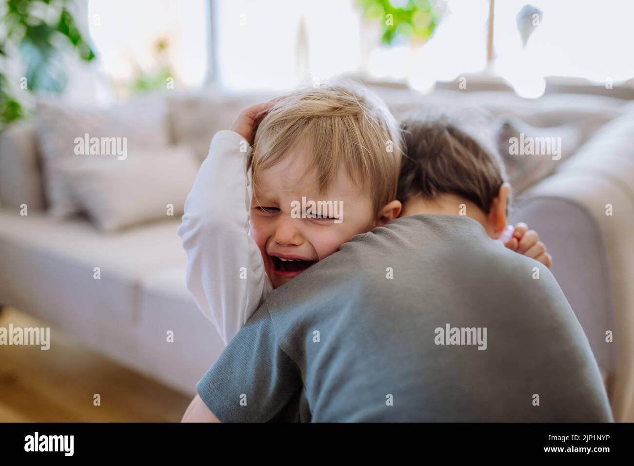 Der kleine Bruder umarmte seine weinende Schwester und tröstete sie. Stockfoto
