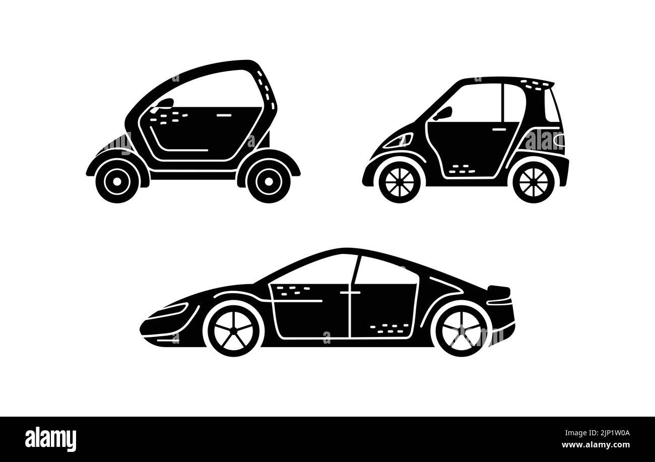Vektor-Set von handgezeichneten Illustrationen eines Elektroautos. Persönliche Fahrzeuge. Stock Vektor