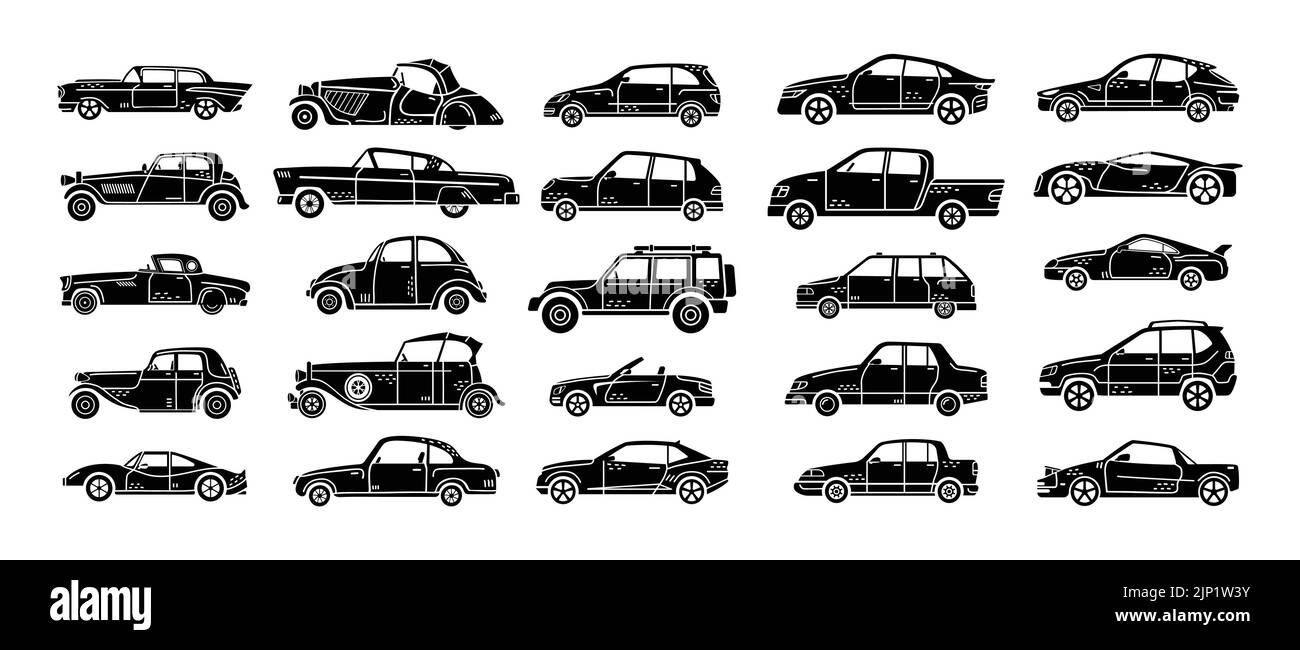 Vektor-Set von handgezeichneten Illustrationen von Autos. Persönliche Fahrzeuge. Stock Vektor