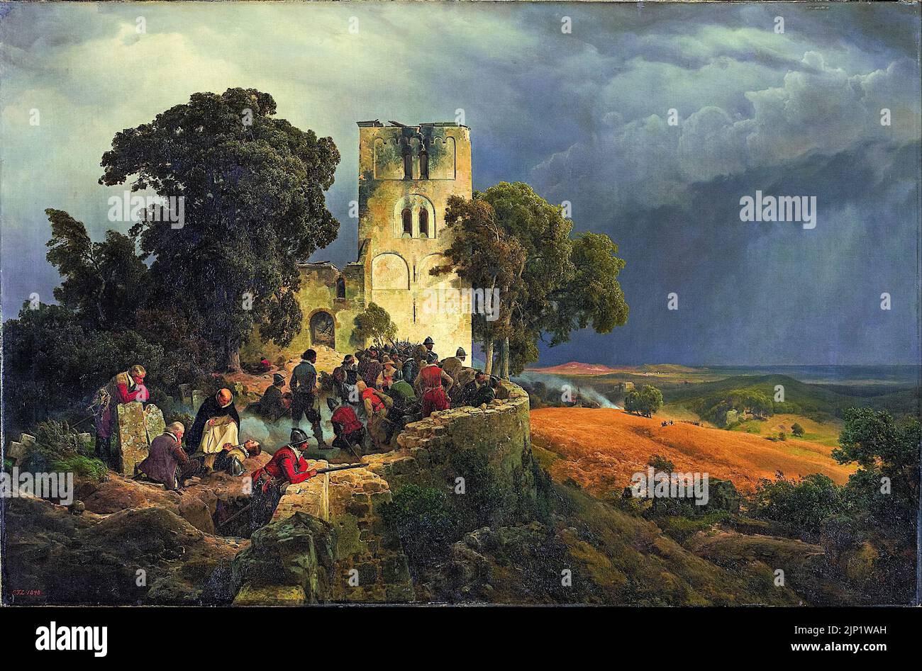 Karl Friedrich Lessing, die Belagerung, (Verteidigung eines Kirchenhofes, während des Dreißigjährigen Krieges), Ölgemälde auf Leinwand, 1848 Stockfoto