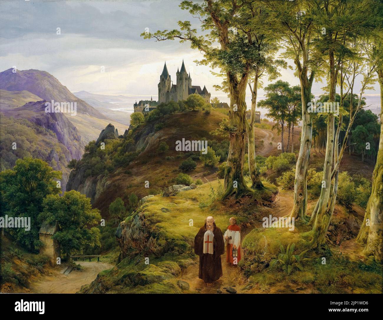 Karl Friedrich Lessing, romantische Landschaft mit Klosteranlage, Ölgemälde auf Leinwand, 1834 Stockfoto