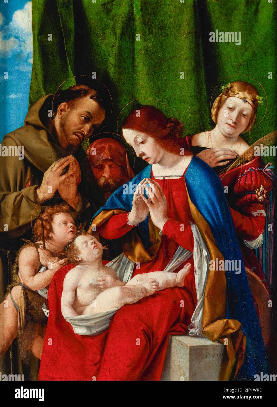 Lorenzo Lotto, Madonna mit Kind und den Heiligen Johannes der Täufer, Franz von Assisi, Joseph und Katharina von Alexandria, Ölgemälde auf Tafel, um 1508 Stockfoto
