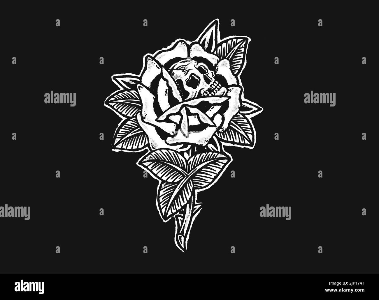 Old School Tattoo Design Grafik Rose Schädel Stockfoto