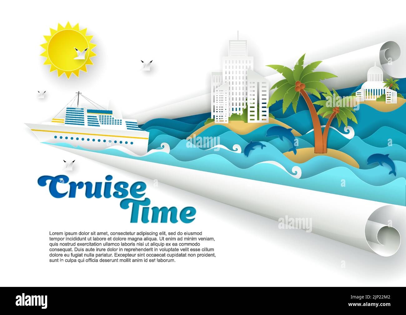 Banner-Vorlage für das Poster „Cruise Time“. Vector Papier geschnitten Kreuzfahrt-Liner schwimmt auf Meereswellen, Delfine, Möwen, Inseln mit touristischen Resort-Gebäude p Stock Vektor