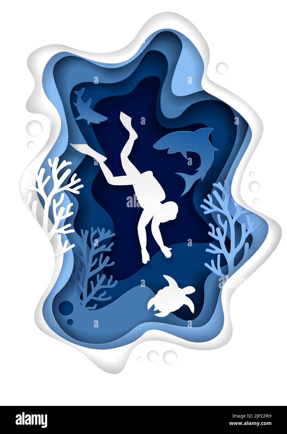 Vektor Papier geschnitten Unterwasser-Meereshöhle mit Korallenriff Fisch Algen und Taucher schwimmen mit Meeresschildkröten und Haien. Unterwasserwelt Landschaft. Tauchdiv Stock Vektor