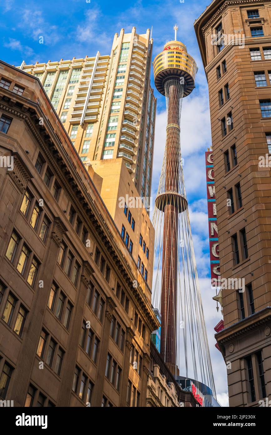 Sydney, Australien - 16. April 2022: Sydney Tower Eye blickt an einem Tag vom Boden aus Stockfoto