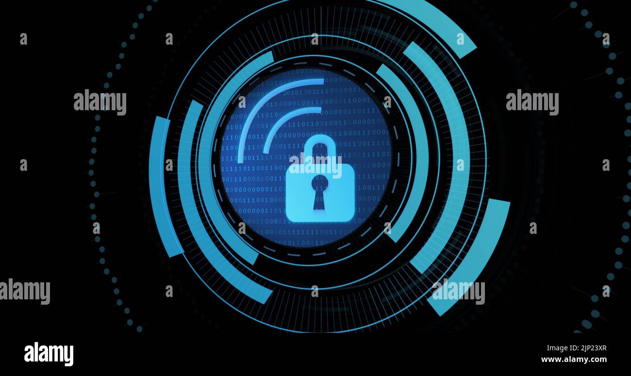 Bild von digitalem Vorhängeschloss und wi-Fi im Verarbeitungskreis auf schwarzem Hintergrund Stockfoto