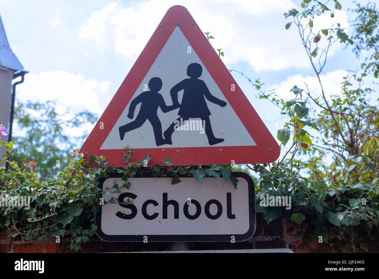 Nahaufnahme eines Schulkindes, das Schild überquert / Straßenverkehrssicherheit Fahren / Fahrerbewusstsein Vorsicht Stockfoto
