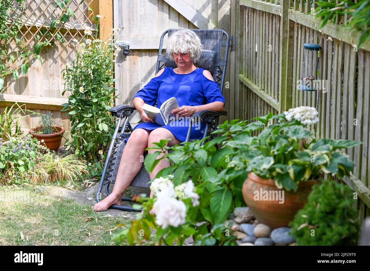 Frau, die während des heißen Sommerhitze-Wetters von 2022 in Großbritannien ein Buch in einem kleinen Stadtgarten liest Stockfoto