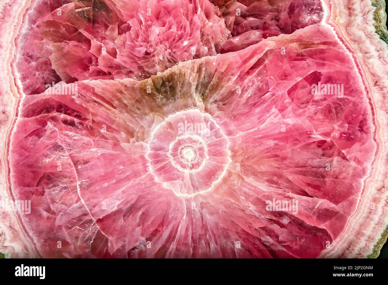 Eine Nahaufnahme eines großen rosa Quarzkristalles mit hellen Lichtern, die ihn erhellen Stockfoto