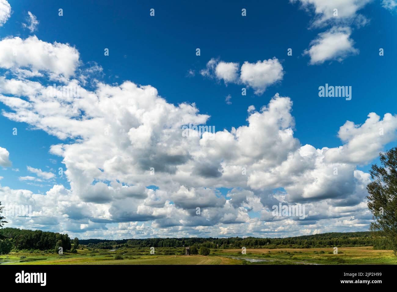 Hintergrund eines blauen Himmels mit Wolken, einem grünen Feld, Fluss und Wald Stockfoto