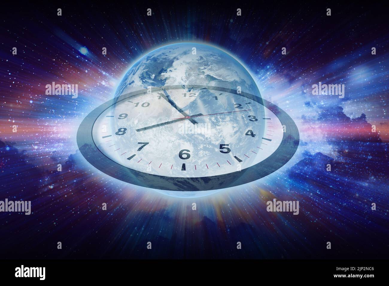 Zeit im Weltraum bewegt die Welt im Galaxienuniversum-Design-Konzept. Bildelement der NASA. Stockfoto