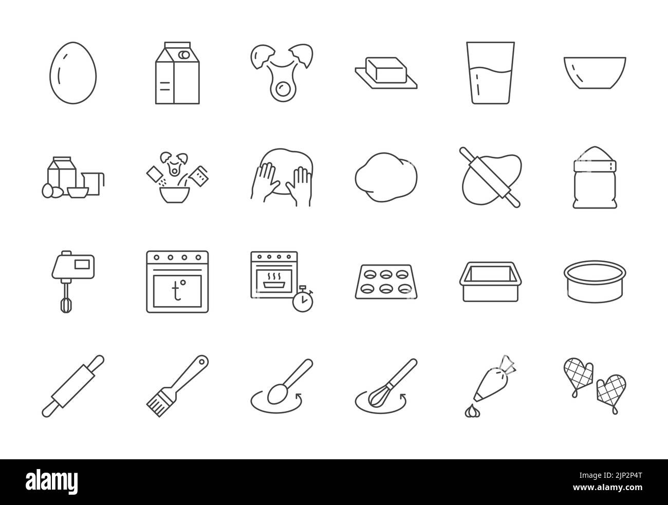 Symbol für Backlinie eingestellt. Backwaren Icons - Mixer, Glas, Vorerhitzer Ofen, Form, Butter, Ei, Milch, Nudelholz, Schneebesen, Süßwarenbeutel, Herd. Einfache Umrisse Stock Vektor