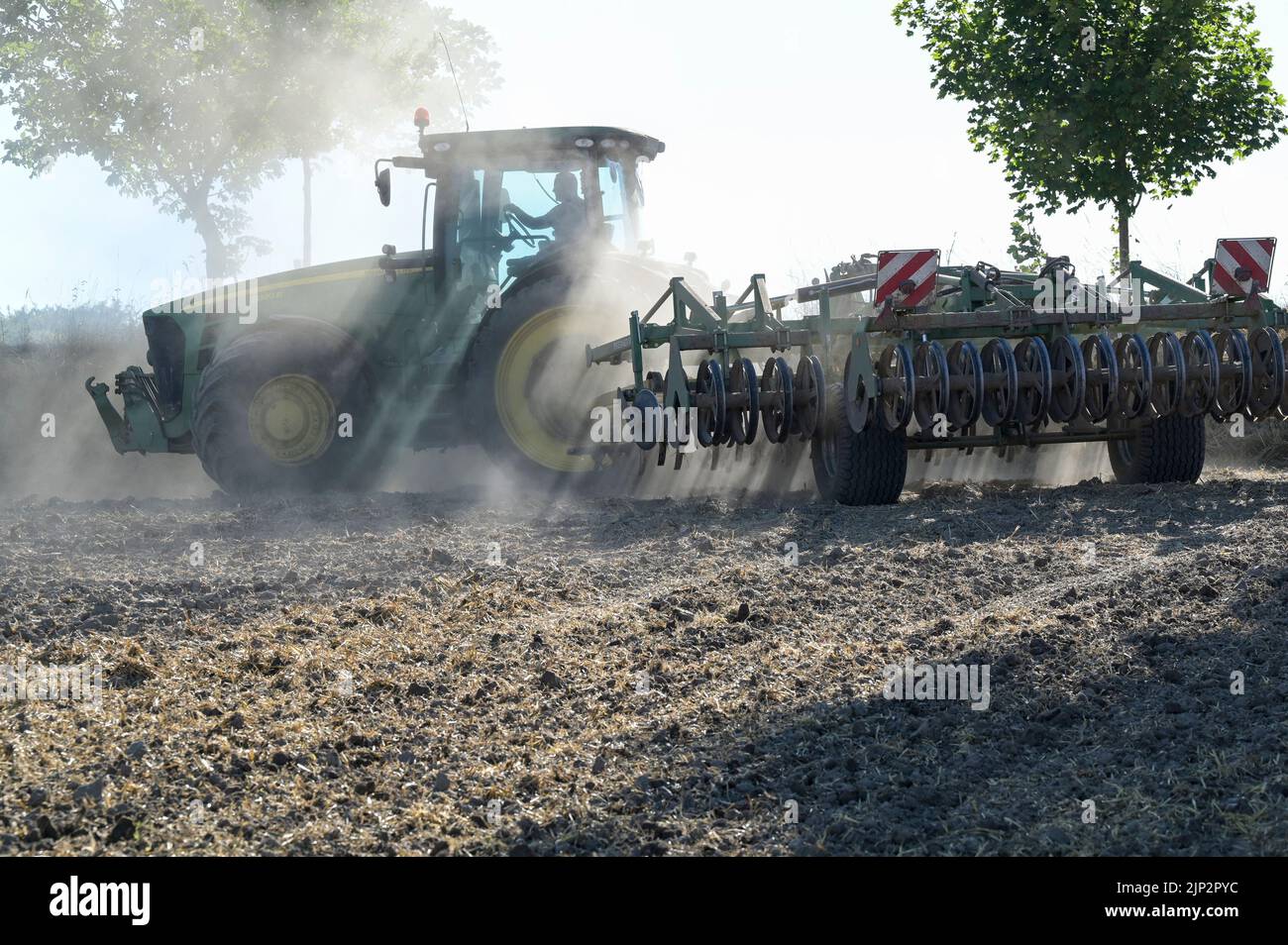 Deutschland, Landwirtschaft, Pflugloser Anbau / DEUTSCHLAND, Schleswig Holstein, Holtsee, Harzhof praktiziert seit 30 Jahren pfluglosen Ackerbau, Flachgrubber Kerner Stratos 500 am John Deere Traktor Stockfoto