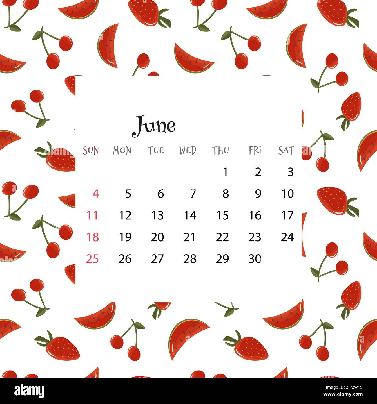 2023 Kalender für Juni. Vektor-Illustration des Monatskalenders auf nahtlosem Muster mit Kirschen, Wassermelonen, Erdbeeren im Cartoon-Flat-Stil Stock Vektor