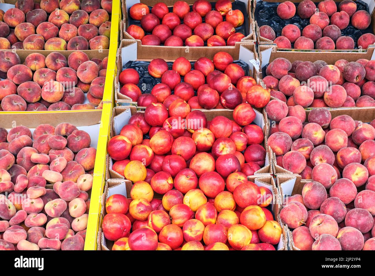 Obst, Pfirsich, Nektarinen, Marktstand, Bergpfirsich, Obst, Pfirsich, Marktstände Stockfoto