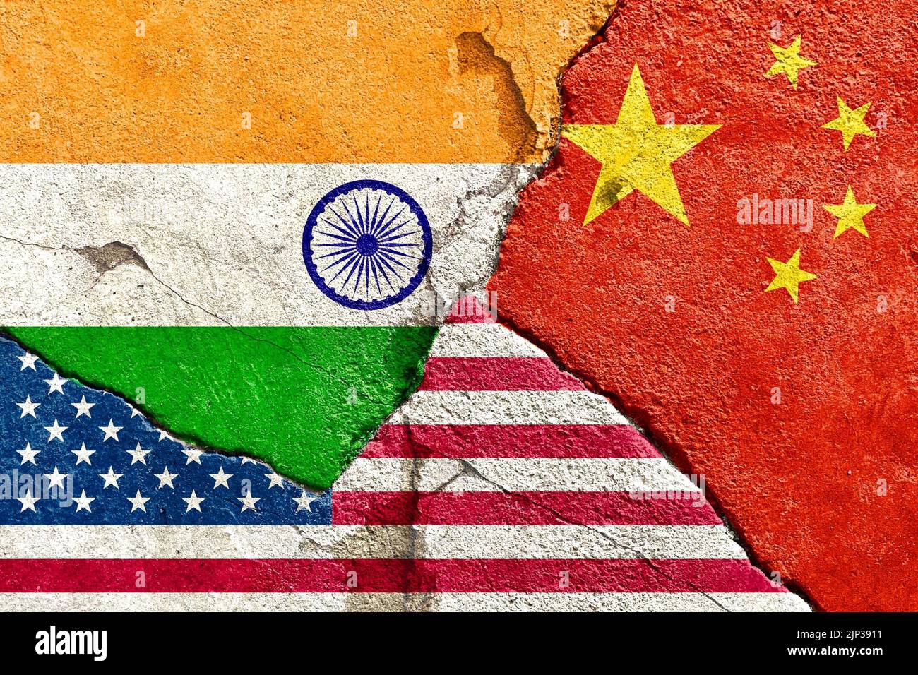 Abstract Indien China USA internationale Länder Politik Wirtschaft Konfliktkonzept Stockfoto