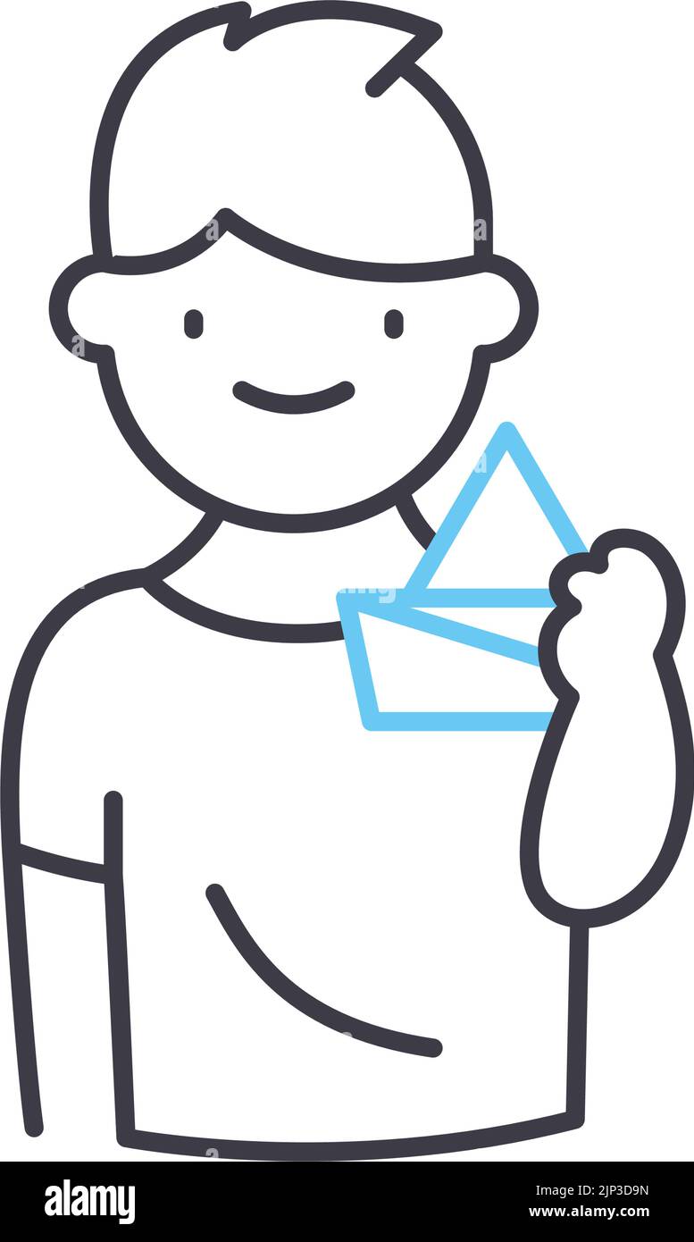 Junge mit Papier Boot Linie Symbol, Umriss Symbol, Vektor-Illustration, Konzept Zeichen Stock Vektor