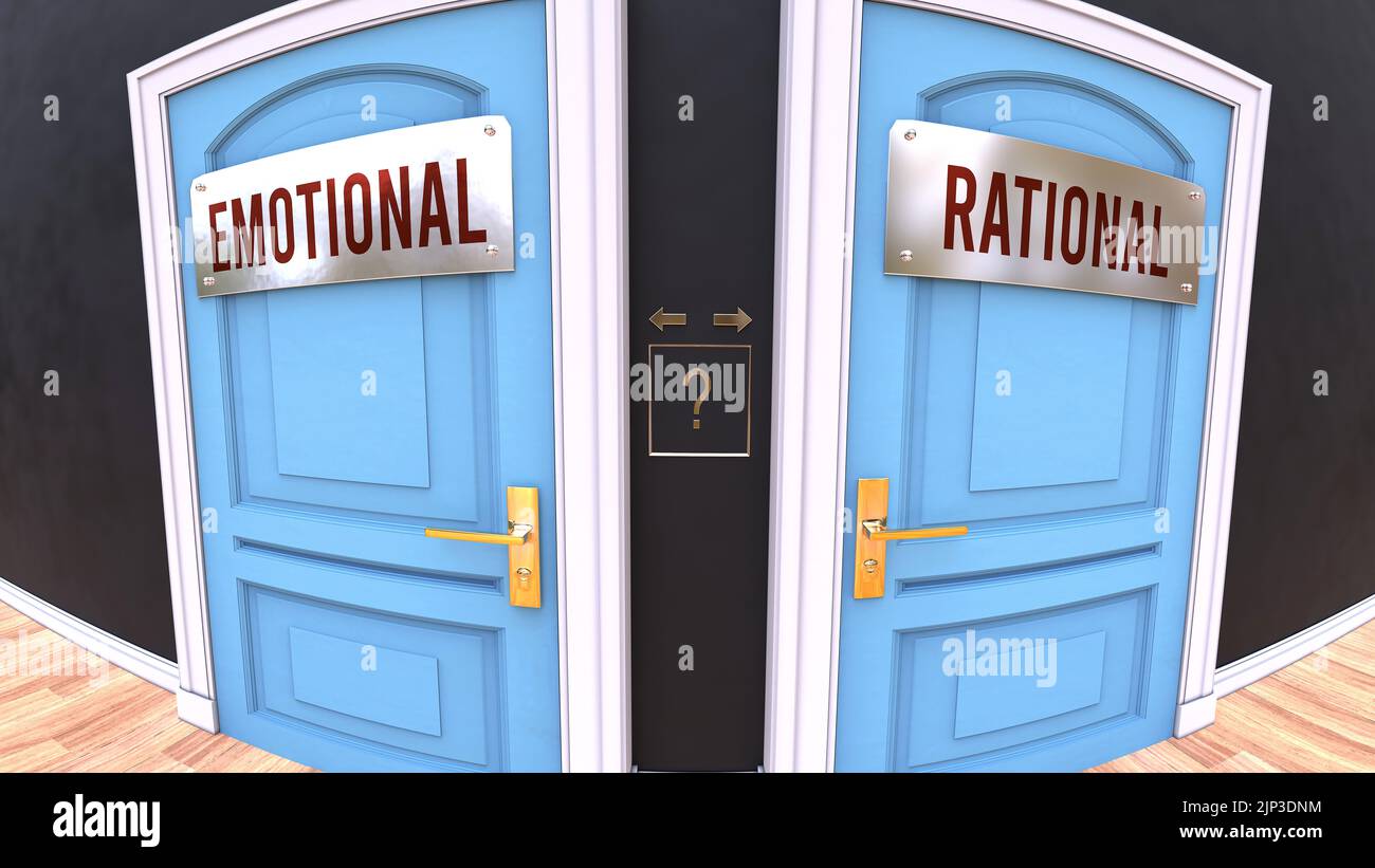 Emotional oder rational - eine Wahl. Es stehen zwei Optionen zur Auswahl, die durch Türen dargestellt werden und zu unterschiedlichen Ergebnissen führen. Symbolisiert die Entscheidung, eines der beiden zu treffen Stockfoto