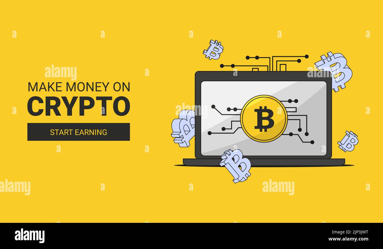 Die Inschrift verdienen Geld auf der Krypta und die Taste beginnen verdienen auf einem gelben Hintergrund ein Laptop auf dem Display von dem ist eine Bitcoin-Münze mit Stock Vektor