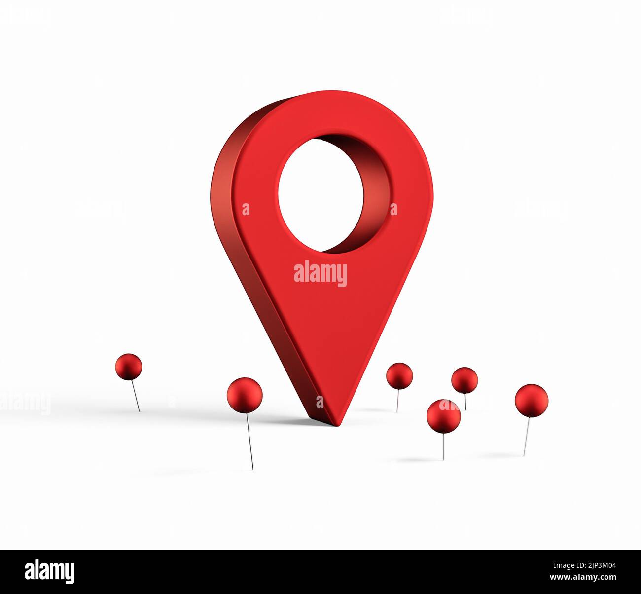 Eine 3D-Darstellung einer roten Positionsmarkierung mit isolierten Pins auf weißem Hintergrund Stockfoto
