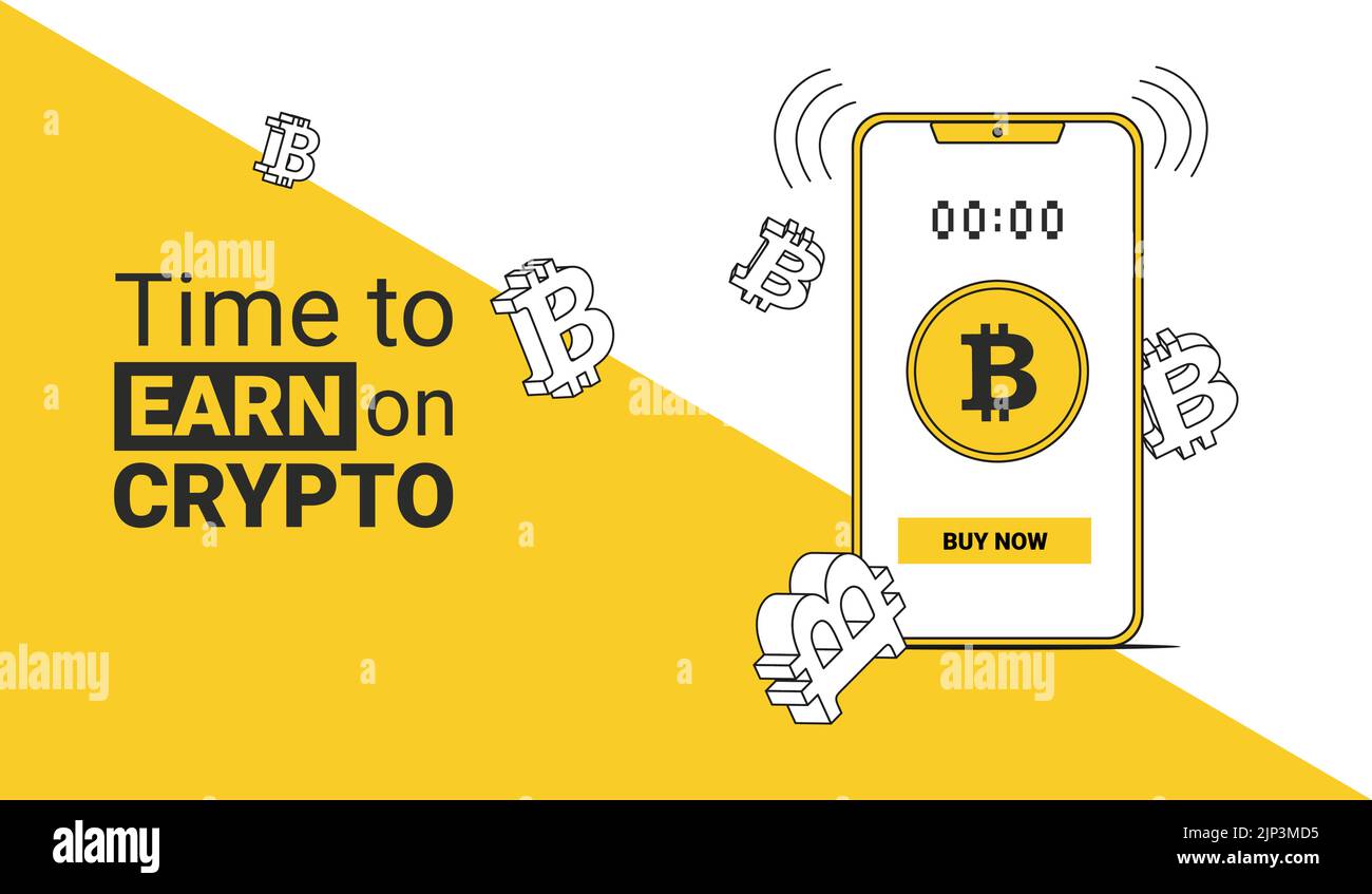 Ein Smartphone auf dem Display, auf dem eine Bitcoin-Münze eine Zeitschaltuhr und eine Buy-Now-Taste und Typografie ist die Zeit, um auf der Krypta mit Bitcoin zu verdienen Stock Vektor