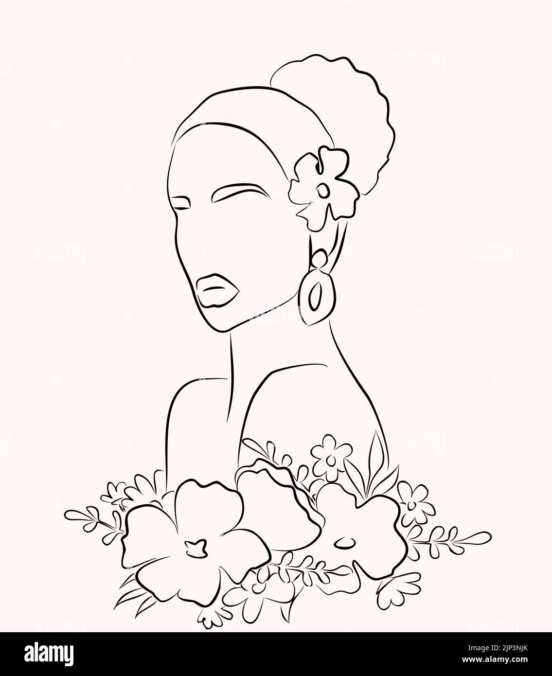 Frauengesicht im Linienkunststil mit Blumen und Blättern. Vektor-Zeichnung eleganten Stil für Schönheit Logo, Drucke, Tattoos, Poster, Textil, Karten usw. Stock Vektor