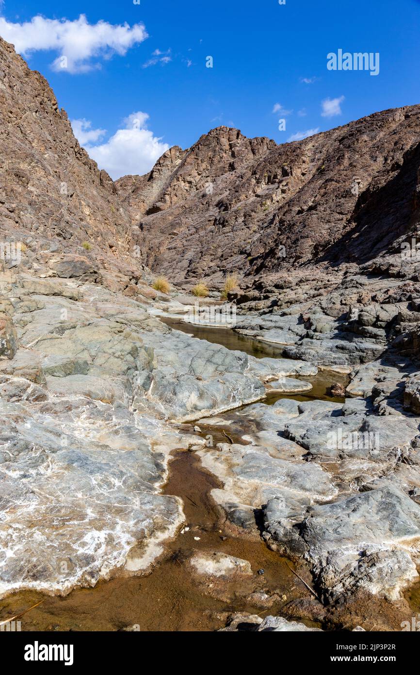 Wadi Shawka schwimmt Bergpfad in Hajar Mountains, Vereinigte Arabische Emirate, steinigen, fast trockenen Flussbett in felsigen Tal. Stockfoto